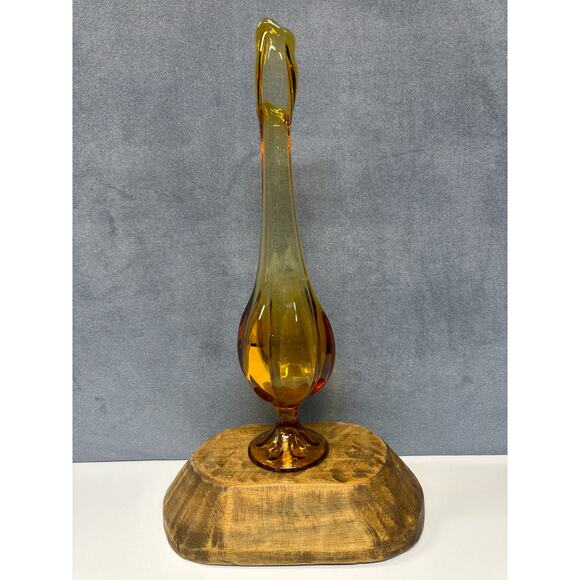 Vtg Viking Glass Amber Swung Bud Vase 6 Petal Footed Ribbed Gold Art Glass 14.5” - Picture 3 of 7